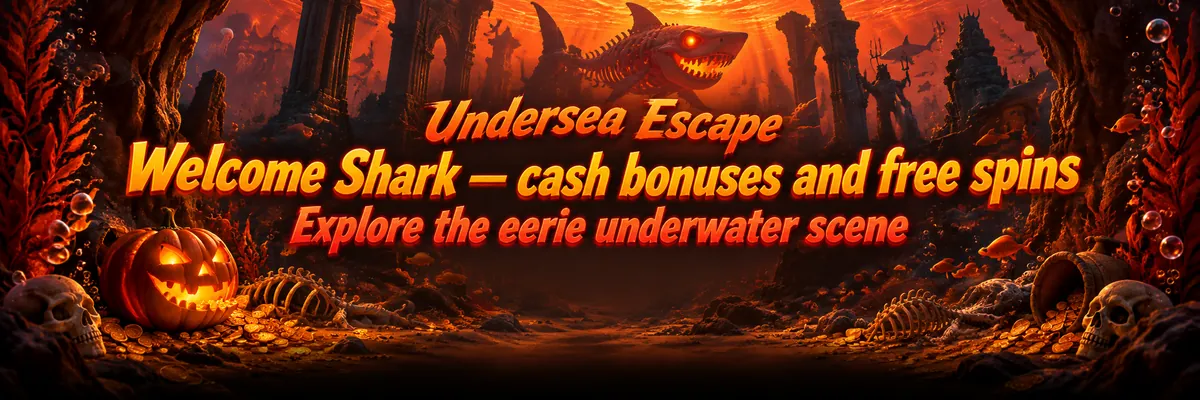 A skeletal shark swims through shadowy underwater ruins, with seaweed, skulls and a coin-filled jack-o’-lantern below.
