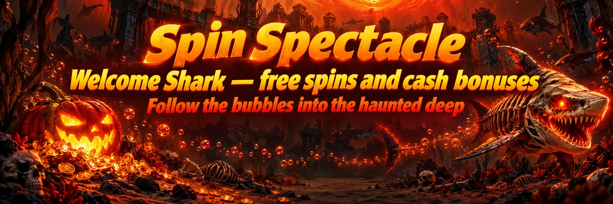 A skeletal shark sweeps past scattered bones and bubbles as coins spill from a seabed jack-o’-lantern.