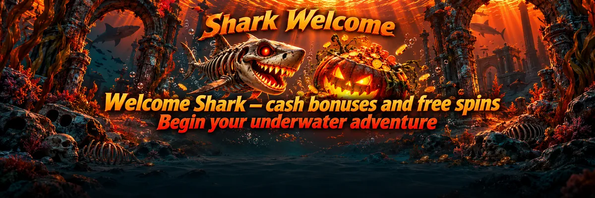 A grinning skeletal shark glides above a coin-filled jack-o’-lantern among underwater ruins.